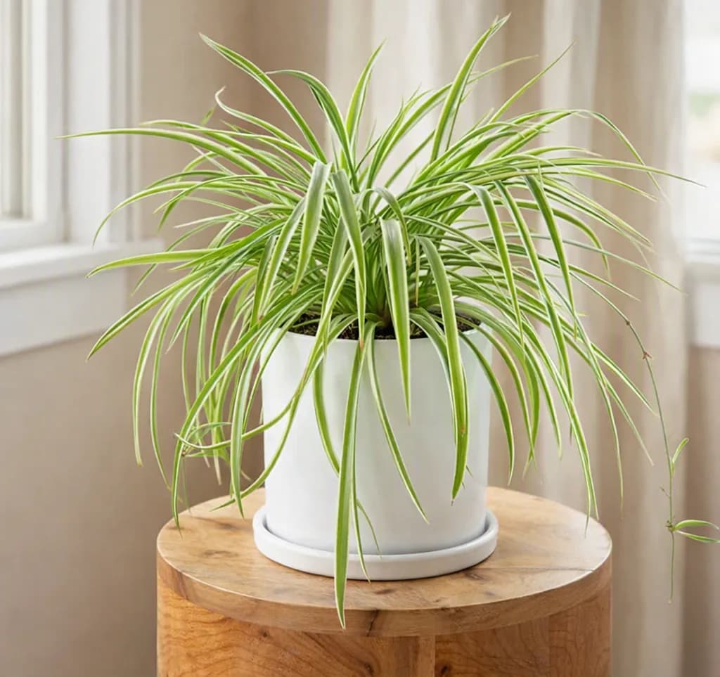 A bushy spider plant with long, thin variegated green and white leaves in a minimalist white ceramic pot on a wooden stool.