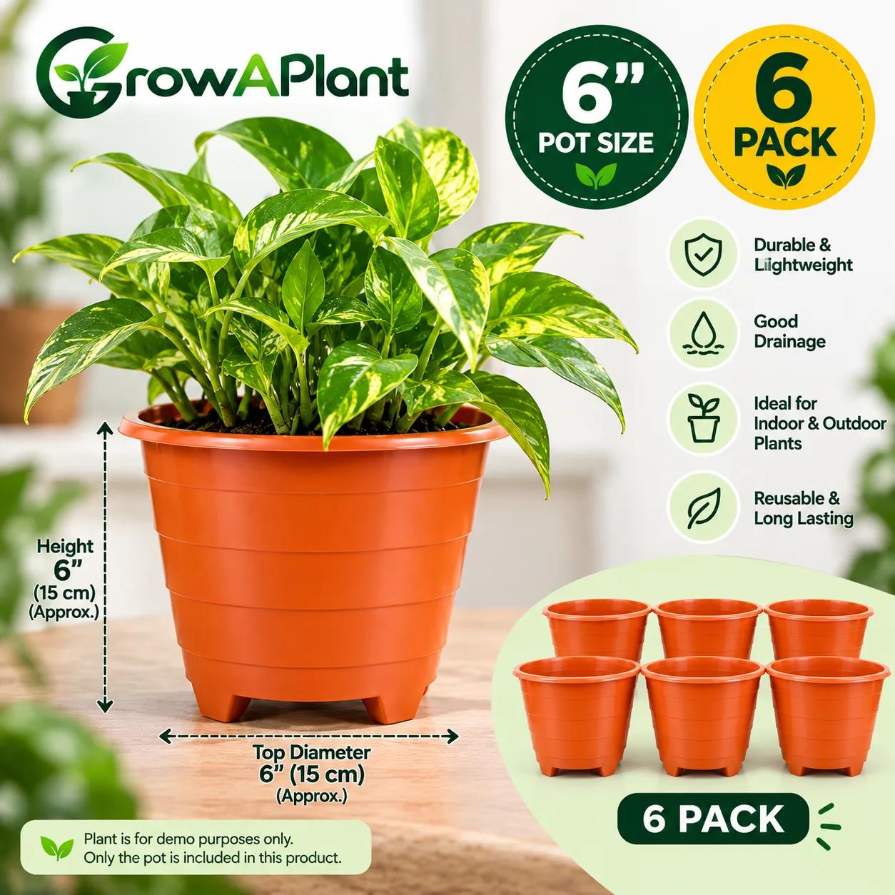 6-Inch Plastic Planter Pots - 6 Pack