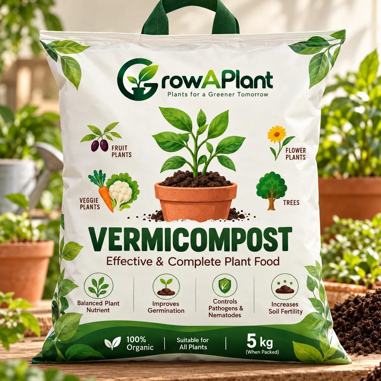 A bag of GrowAPlant Vermicompost organic plant fertilizer on a wooden surface with a garden background.