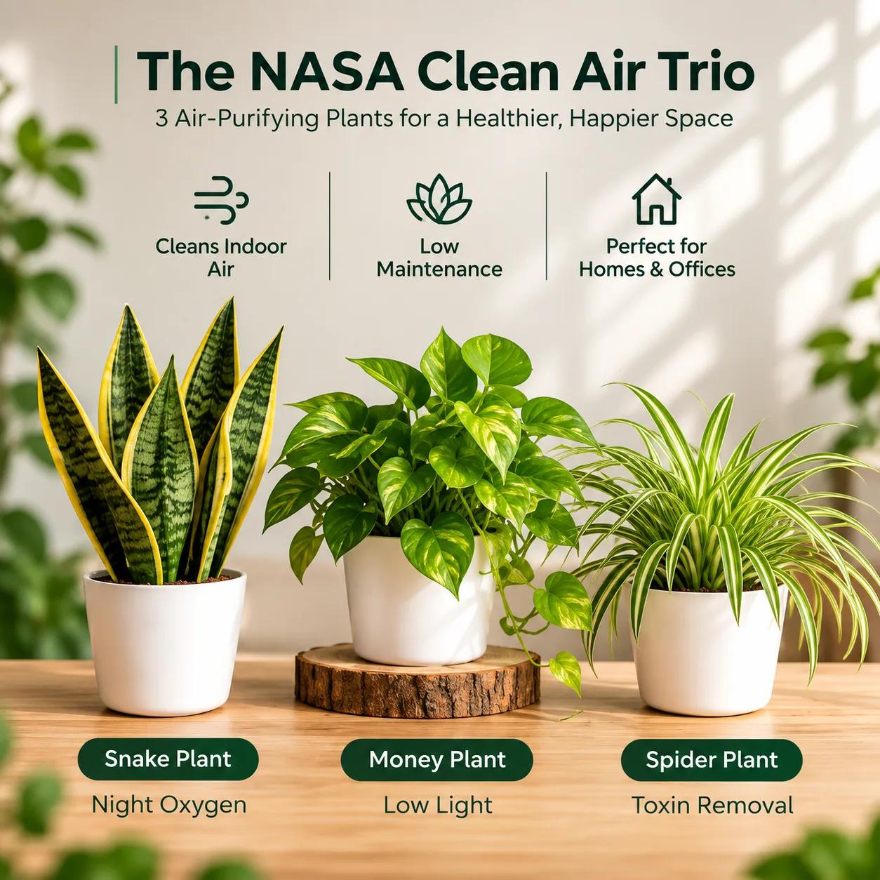 The NASA Clean Air Trio featuring a Snake plant, Money plant, and Spider plant, each labeled with their air-purifying
